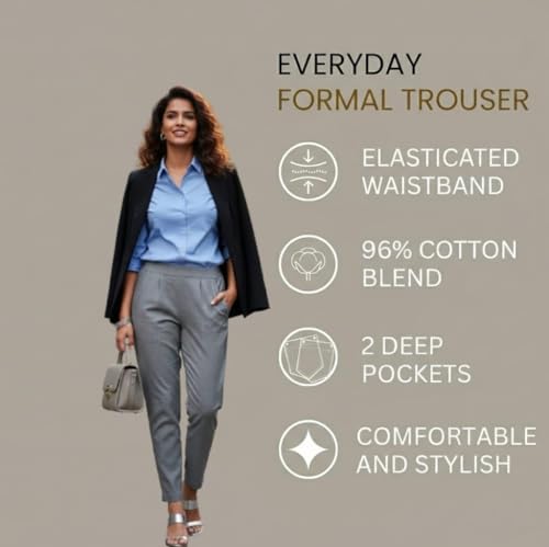 Image of DIGITAL SHOPEE Women Regular Fit Elastic Waist Full Length Cotton Formal Trouser for Casual Wear, Office Wear
