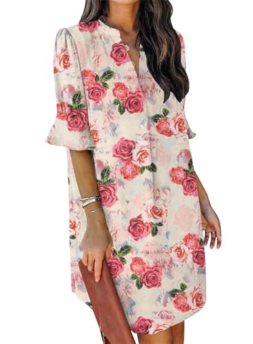 Image of QACOHU Summer Dresses for Women V Neck Ruffle Short Sleeve Casual Shift Dress