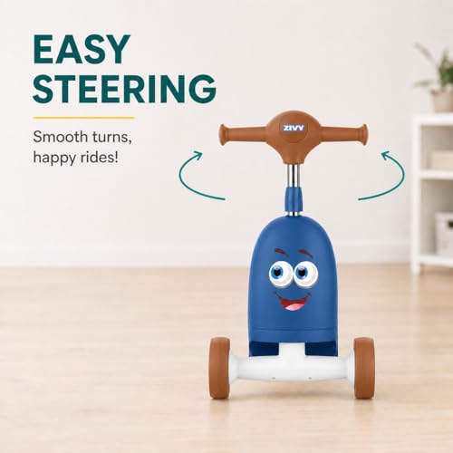 Image of ZIVY Orry Rider 2in1 Kids Scooter & Ride-On Toy Car | Convertible Stand & Drive Scooter | Extra-Wide Comfort Seat, Stainless Steel Stem, Easy Steering & Smooth Wheels for Indoor /Outdoor (Blue)