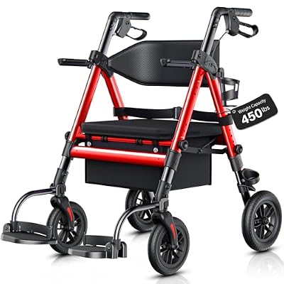 Walkers for Seniors 2 in 1 Wheelchair Combo, 450 lb Foldable Rollator Transport Chair with Seat, Heavy Duty Rolling Walker 10 Wheels for All Terrain, Red