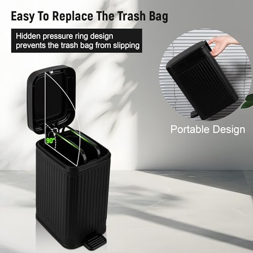 Image of rejomiik Small Bathroom Trash Can with Lid Slim Soft Close Garbage Can Step Wastebasket Container Trash Bin for Office Bedroom Kitchen Living Room (1.9 Gallon Black)