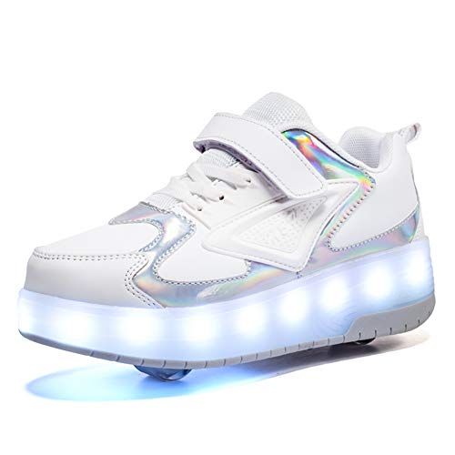 Aizeroth USB Aufladen 7 Farbwechsel LED Blinkend Schuhe Mit Doppelt Rollen Automatisch Räder Rochen Skateboardschuhe Outdoor Fitnessschuhe Gymnastik Sneakers für Jungen Mädchen Roman Geschenk