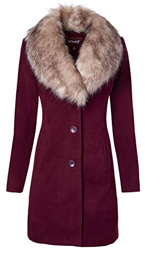 Sportoli Coats for Women Faux Wool Single Breasted Winter Jacket with Detachable Fur - Deep Rosewood (Medium)