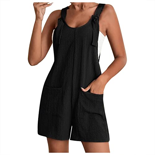 EMATOP Jumpsuit Damen Sommer Kurz Overall Baumwolle Leinen Einteiler Latzhose Casual Einfarbig Playsuit mit Taschen Sommerhose Elegant Ärmellos Romper Shorts Leichtes Vintage Trägerhose Frauen