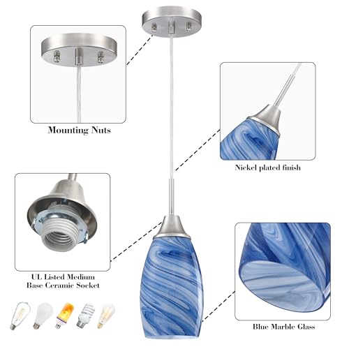 Image of Viinew Mini Glass Pendant Light,3-Pack Blue Marble Glass Pendant Light