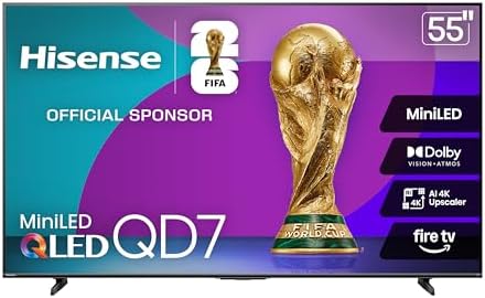 Hisense 55" Class QD7 Series Mini-LED 4K UHD Smart Fire TV (55QD7QF, 2025 Model) - QLED, HDR10+, Dolby Vision, Dolby Atmos, Game Mode Plus, ALLM, Alexa Built in with Voice Remote, Streaming TV, Black