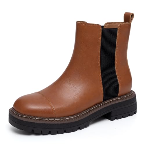Athlefit Women's Chelsea Ankle Boots Platform Chunky Heel Brown Boots Slip On Comfortable Round Toe Elastic Fall Booties Size 7