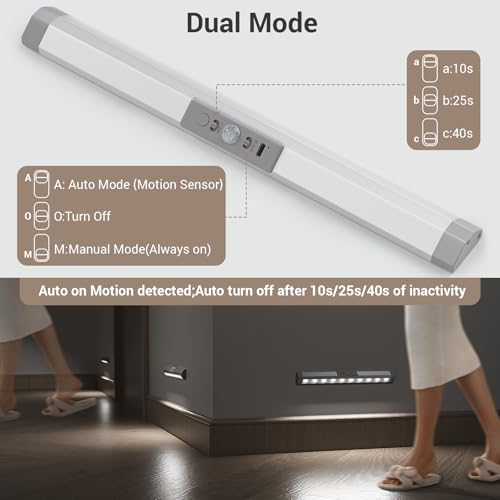 Image of WOBANE Rechargeable Closet Lights Motion Sensored,12inch LED Wardrobe Light | Eye-Protection,3 Color,Wireless Battery Operated Lighting Indoor for Stair,Pantry,Hallway,900mAh,2PCS