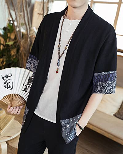 Image of Men's Japanese Kimono Cardigan Loose Cotton Linen 3 /4 Sleeve Open Front Casual Summer Shirt Jackets