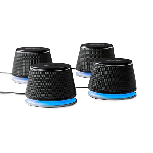 Amazon Basics USB Plug-n-Play Computer 4 Speakers for PC or Laptop, 4 Count (Pack of 2), Black with Blue LED Light