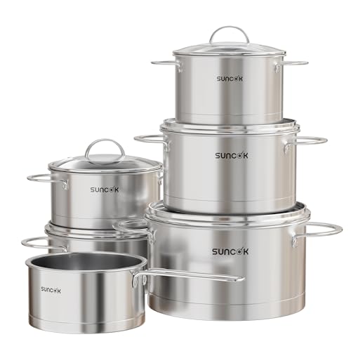 SUNCOK Batería de Cocina 6 Piezas, Juego de Ollas con Tapa de Cristal, Acero Inoxidable 18/10, Mango de Metal Frío, Escala de Litros, Apto para Todo Tipo de Utensilios de Cocina