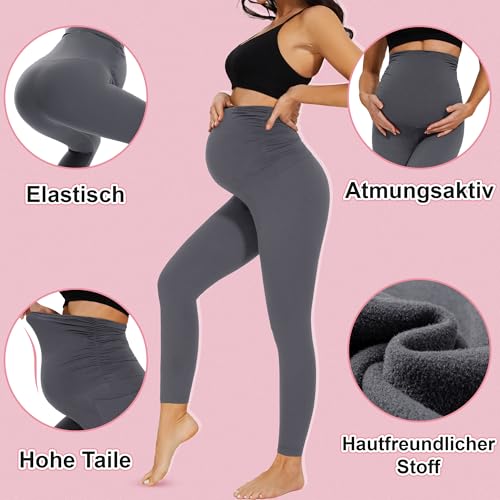 HIPOWER 2er Pack Umstandsleggings Damen High Waist Umstandsmode Weich Schwangerschaftsleggings Blickdicht Sport Umstandshose Elastisch Maternity(Schwarz+Dunkelgrau,M)