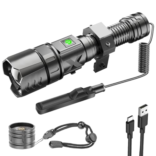 zekbil 10000 Lumens XHP70 Tactical Flashlight with Picatinny Rail Mount and Pressure Switch, 5 Modes Picatinny Flashlight, USB Rechargeable Rifle Light for Outdoor Adventures
