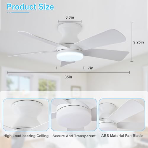 Image of Depuley Modern Ceiling Fan with Light: 35-Inch White Small Fans for Bedroom Indoor Outdoor - Dimmable Low Profile Ceiling Fans with Remote Control Flush Mount 5 Reversible White Blades 6 Speeds Timer