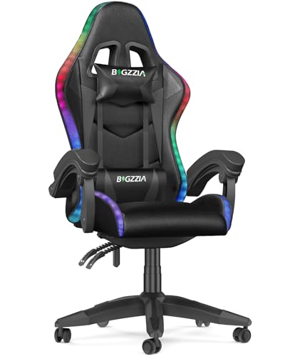 Racingreat Gaming-Stuhl LED mit Schillernde Lichtleiste, PC Gaming Stuhl mit Polsterung und Kopfstütze, Verstellbarer Höhe und Taillenwinkel, Gamer-Sessel Für Erwachsene Mädchen Jungen (Schwarz)