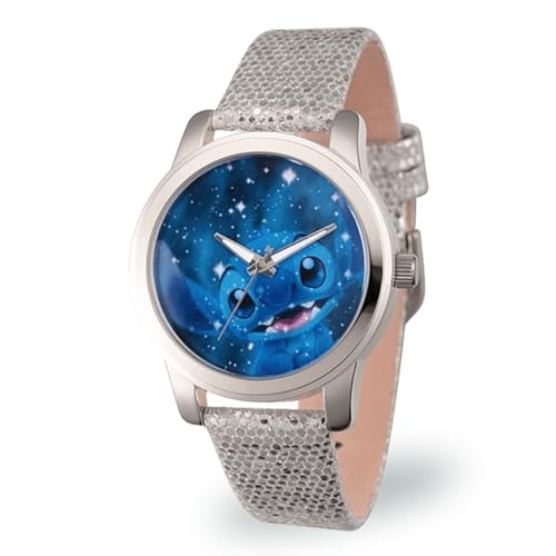 Disney Lilo and Stitch Watch for Women – Cute Stitch Watch Featuring Character Dial – Great Gift Fans and Collectors – Silver-Tone Case with Blue Dial and Glittered Faux Leather Strap