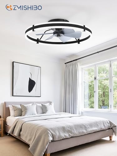 Image of ZMISHIBO 24 Inch Ceiling Fans with Lights and Remote, Modern Low Profile Ceiling Fan, 3000-6000K Dimmable Flush Mount LED Fan Light, 6 Wind Speeds, Fandelier Ceiling Fans for Bedroom- Black
