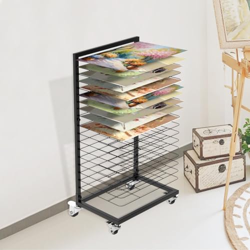 JAOGAUS Mobiles Bilder Trockengestell, Funktionales Bildertrocknungsregal mit feststellbaren Rädern, mit 18 Herausnehmbaren Regalen, Bildertrocknungsregal für Kunst, Drucke usw