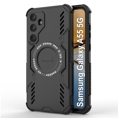 Image of amazon basics Back Case Cover for Samsung Galaxy A55 5G | Magnetic Case with Built-in Metal Ring | Supports Mag-Safe Charger, Wallet & Car Mount | Shockproof Hybrid PC + TPU | Black
