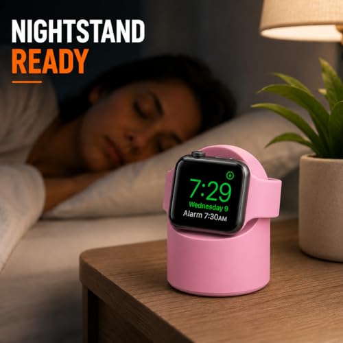Image of Mizi Magnetic Charging Stand for Apple Watch Ultra 3 /2 /1 & Series 11 / to /1 /SE Silicone Wireless Charger Holder with Cable Management, Nightstand Mode Support, Portable Desk & Bedside Dock - Pink