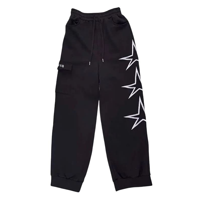 Grunge Star Embroidered Straight Pants Vintage Drawstring Wide Leg Trousers Y2K Casual Loose Sweatpants with Pockets