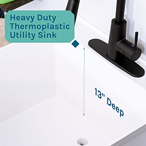 Image of VETTA White Utility Sink Laundry Tub With High Arc Black Kitchen Faucet By VETTA - Pull Down Sprayer Spout, Heavy Duty Slop Sinks For Washing Room, Basement, Garage, or Shop, Free Standing Tubs