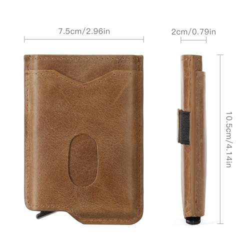 Slim Smart Mens Wallet Minimalist Genuine Leather Card Holder Cash Card Back Belt Wallet RFID Blocking Pop Up Aluminum Case Credit Card Wallet (M-Light Brown)3