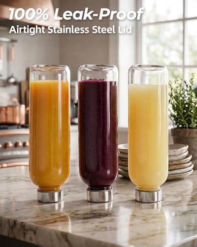 Image of Zukro Glass Juice Bottles with Lids 32 oz, 3 Pack Reusable Clear Large Glass Containers for Juicing, Smoothies, Cold Brew Coffee & Water, Leakproof Stainless Steel Caps, Funnel & Cleaning Brush Set