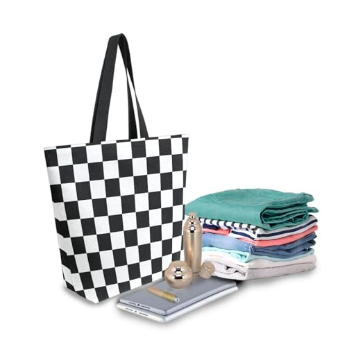 Extra Large Shoulder Tote Bag for Beach Travel Weekender Gym Black and White Checkered Reusable Grocery Canvas Shopping Bag3