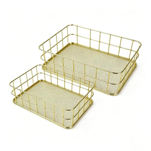 Fjxxxn 2Pcs Small Gold Wire Mesh Storage Basket Cosmetic Desk Organizer