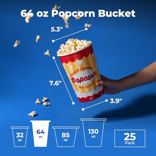 Image of Fit Meal Prep 25 Pack Classic Paper Popcorn Buckets Disposable, 64 Oz Grease Resistant Popcorn Bowls Cups for Machine Home Theater Carnival Movie Night