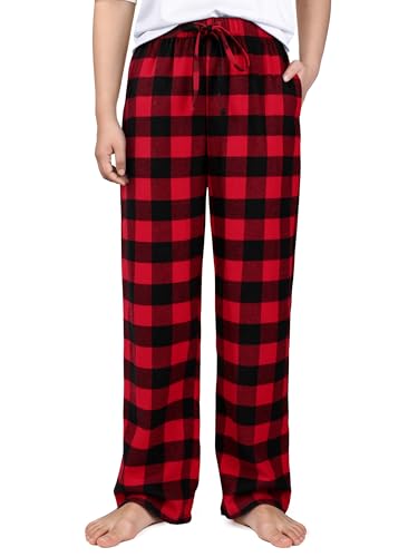 IHU Cotton Boys Pajama Pants Soft Flannel Woven Kids PJ Lounge Bottoms Buffalo Plaid Sleepwear with Drawstring and Pockets Black and Red Buffalo Plaid 10-12 Years