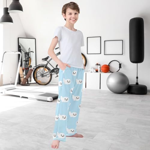 Boy's Pants White Sea Lion Adorable Jogger Pants Elastic Waist Long Bottoms Trousers with Pockets 6-14 Years 6