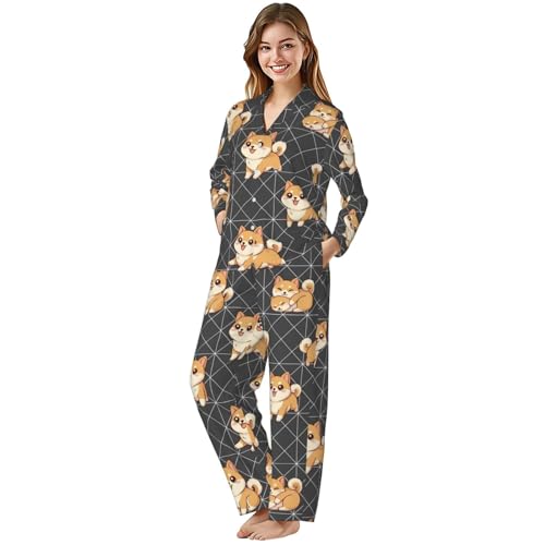 Image of Women'S Long Sleeve Pajama Set Soft Loungewear Button-Down Top & Elastic Waist Pants S- 2XL