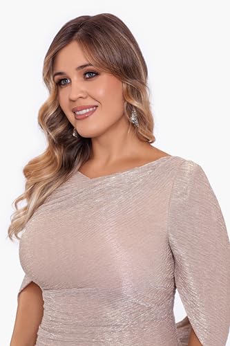 Image of Betsy & Adam Women's Floor Length Metallic Crinkle Knit Boat Neck Draped Cape Sleeve Evening Gown