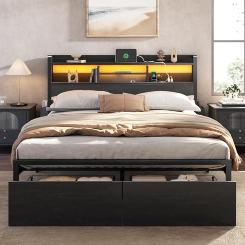Furnulem Queen Bed Frame with Storage & Lights