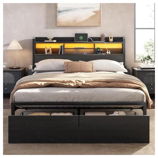 Furnulem Queen Bed Frame with Storage & Lights