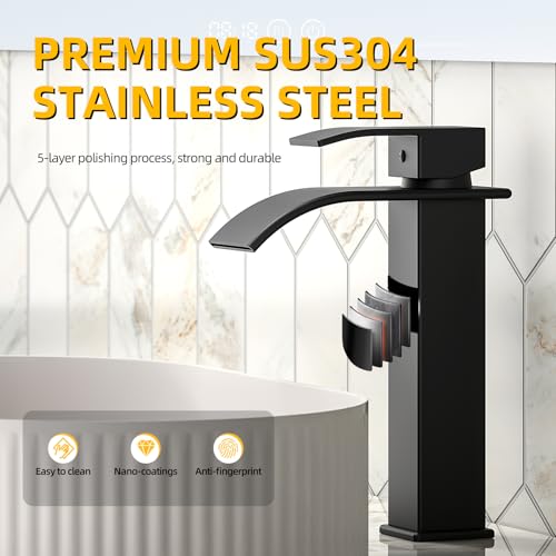 Image of Rywuanku Matte Black Bathroom Faucet Waterfall Spout, Single Handle Sink Faucet with Pop-up Drain & Deck Plate, Modern 1 Hole Vanity Faucet for Vessel Sink