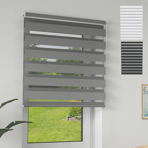 XMTECH Doppelrollo Klemmfix ohne Bohren Grau 80x150 cm – Zebra Rollo lichtdurchlässig & verdunkelnd, Duo Rollo Klemmrollo für Fenster & Türen, modernes Seitenzugrollo Sonnenschutzrollo