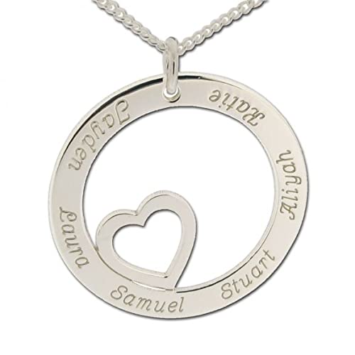 Image of Sterling Silver Personalised Heart in Engraved Disc Pendant or Necklace with Optional Chain - Gift Boxed
