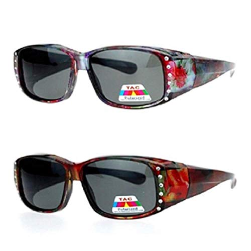 2 Pair Polarized Lenses Rhinestone Fit Over Wear Over Glasses Rectangular Sunglasses
