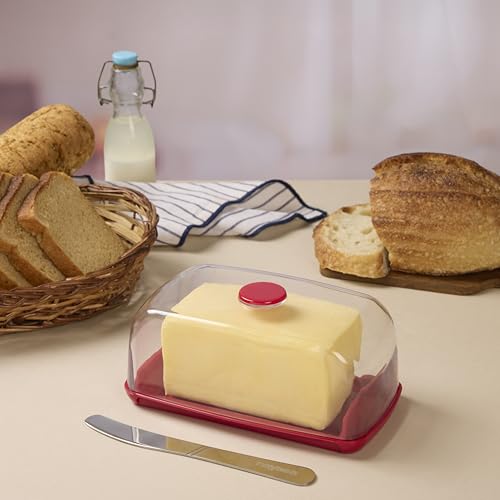 Image of Nayasa Smart Transparent Butter Dish with Lid & Butter Knife | BPA-Free Food Grade Plastic Butter Storage Container | Easy to Clean Butter Keeper for Butter, Cheese & Table Serving | Red