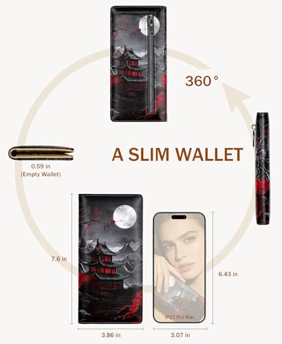 Image of Immaturus Womens Wallet, Full Moon Slim Thin RFID Blocking Credit Card Wallets, Long Bifold PU Leather Card Holder Organizer, Cute Cash Clutch Billfold with Zipper Coin Pocket Ladies Girls Gift