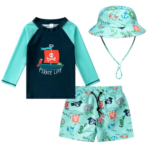 Image of Baby-Boys Toddler Long Sleeved Rashguard Swim Bathing Suit and Sun Hat Set