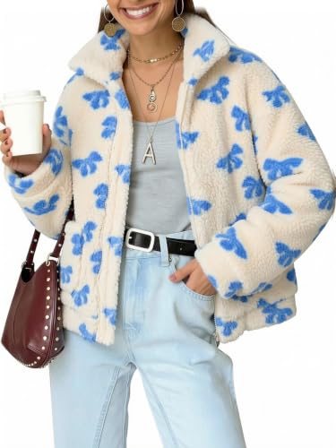 Image of ECOWISH Women Winter Coat Fleece Fuzzy Faux Shearling Warm Jackets Oversized Casual Outerwear Blue Floral