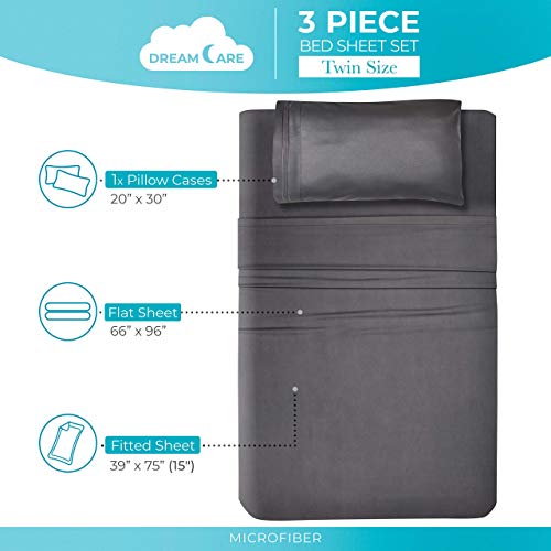 Image of DREAMCARE Twin Sheets - 3 pcs Breathable Cooling Twin Bed Sheets | up to 15 inch Deep Pocket Twin Sheet Sets with Side Pockets - Extra Soft - Double Brushed Hotel Luxury Bed Sheets - Gray