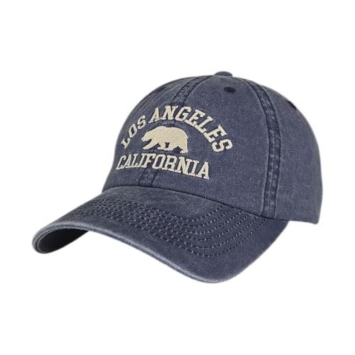LA California Grizzly Bear Embroidered Vintage Wash Los Angeles 100% Cotton Baseball Cap Adjustable Metal Buckle Strap Unstructured Low-Profile Dad Hat for Men & Women Vintage Navy