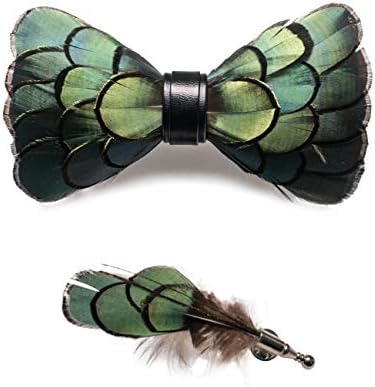 RBOCOTT Green Feather Pre-tied Bow tie Leather Bowtie and Brooch Sets for Men(6)