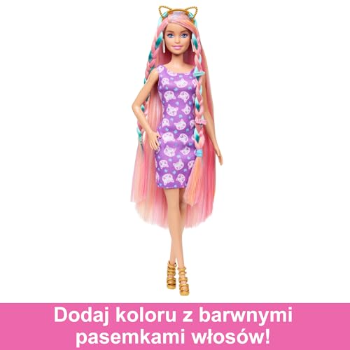 Barbie Lalka Zabawa włosami z bardzo długimi blond włosami o kolorowych pasemkach i różową sukienką + 10 akcesoriów, JDC85
