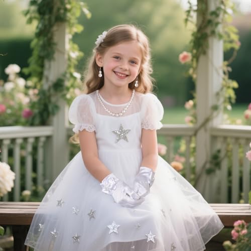 4 Pcs Satin Dress Gloves Pearl Necklace Sets Little Girls First Communion Tea Party Gloves for Wedding Party Halloween Costume Princess Cosplay2